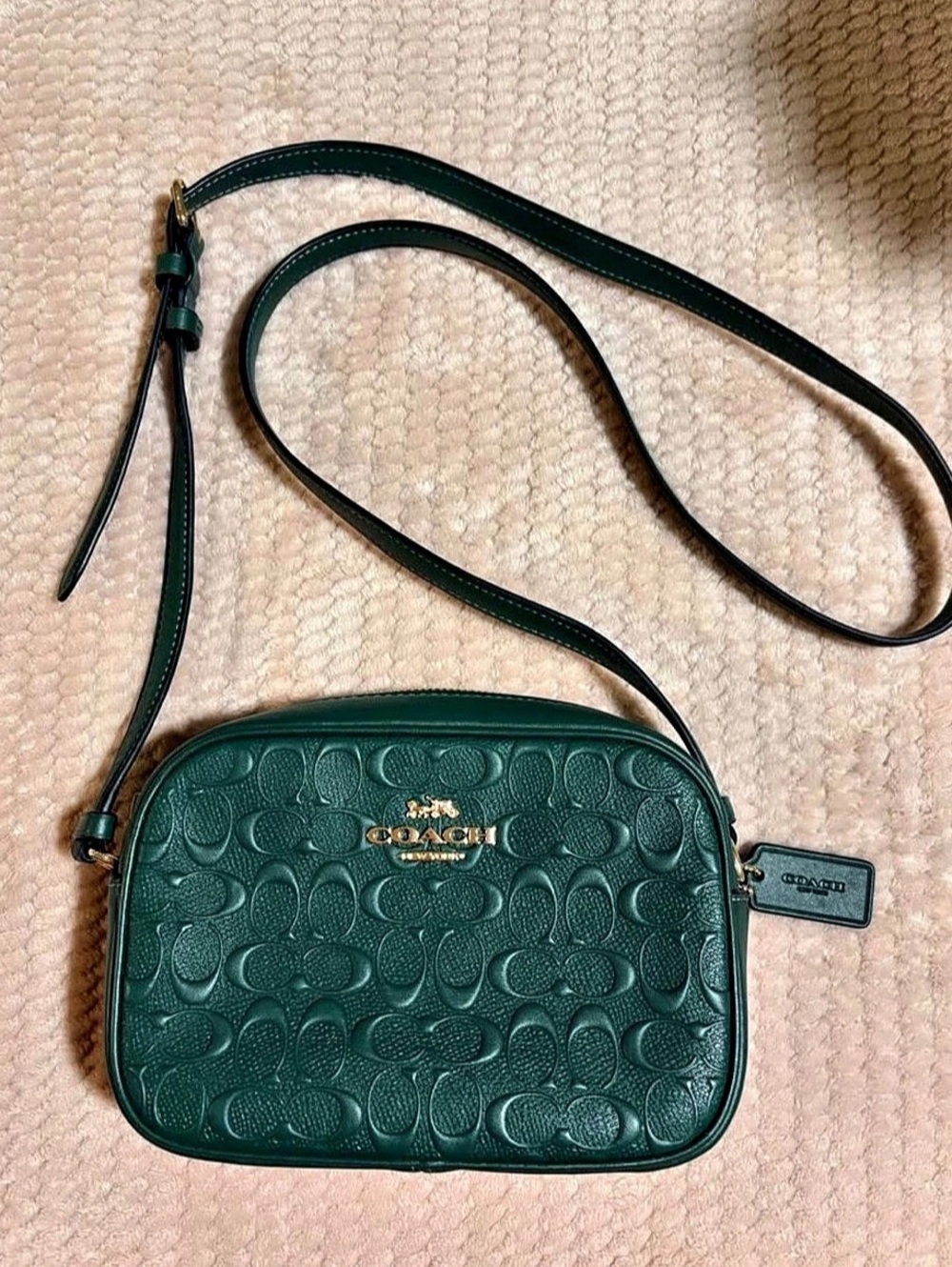 Coach Mini Jamie Camera Bag in Embossed Signature Leather Green Crossbody